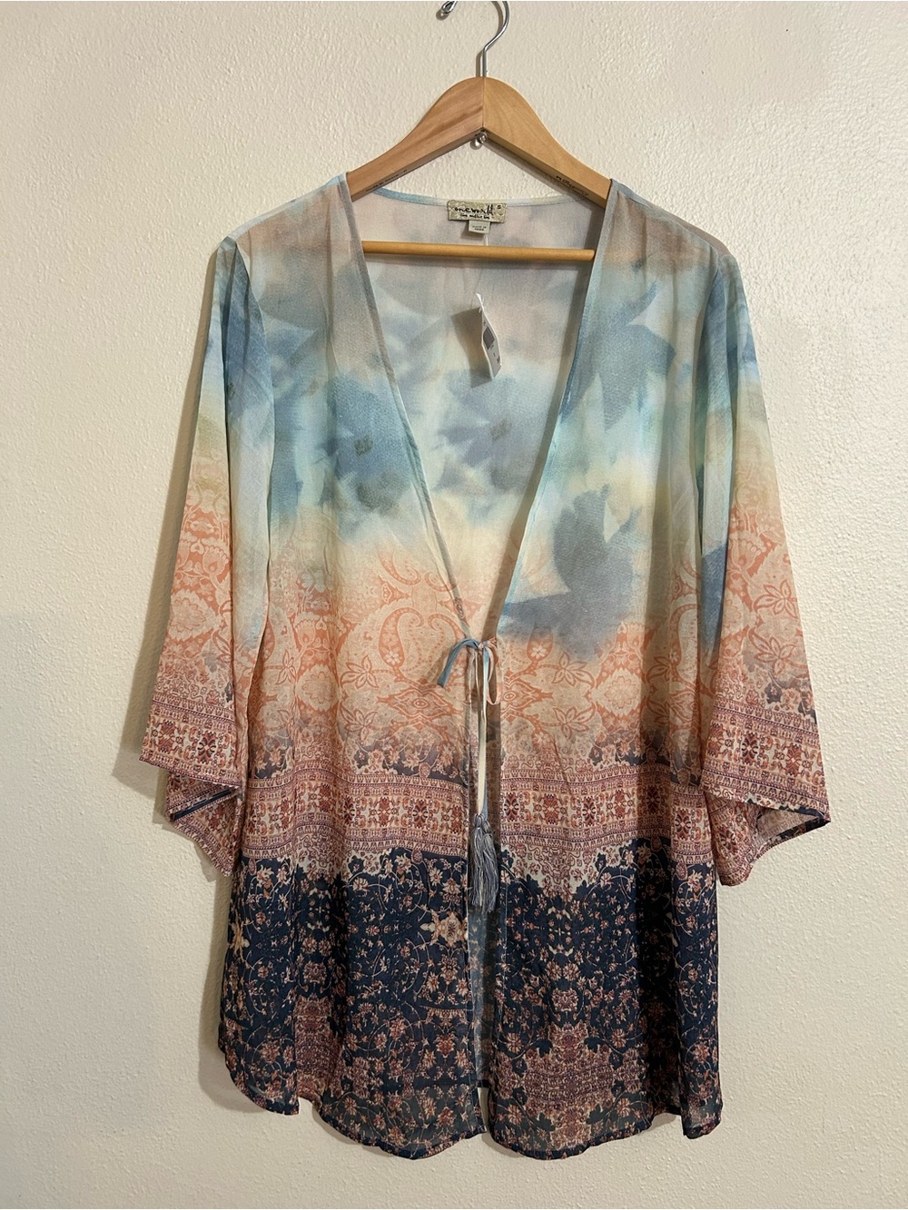One World Boho Sheer Multi-Print Tie Front Kimono Size Small Women’s Artsy
